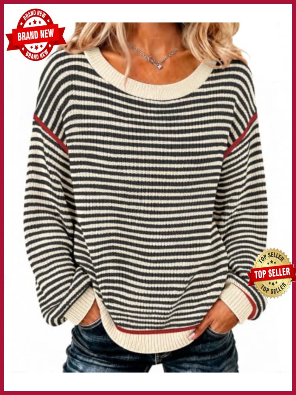 Oversized Striped Sweater Crew Neck Long Sleeve Pullover